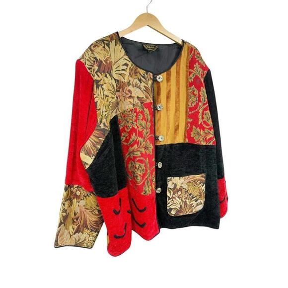 Vintage Alex Kin Patchwork Tapestry Jacket Coat Red Black Womens Plus Size 3XL - Picture 3 of 8